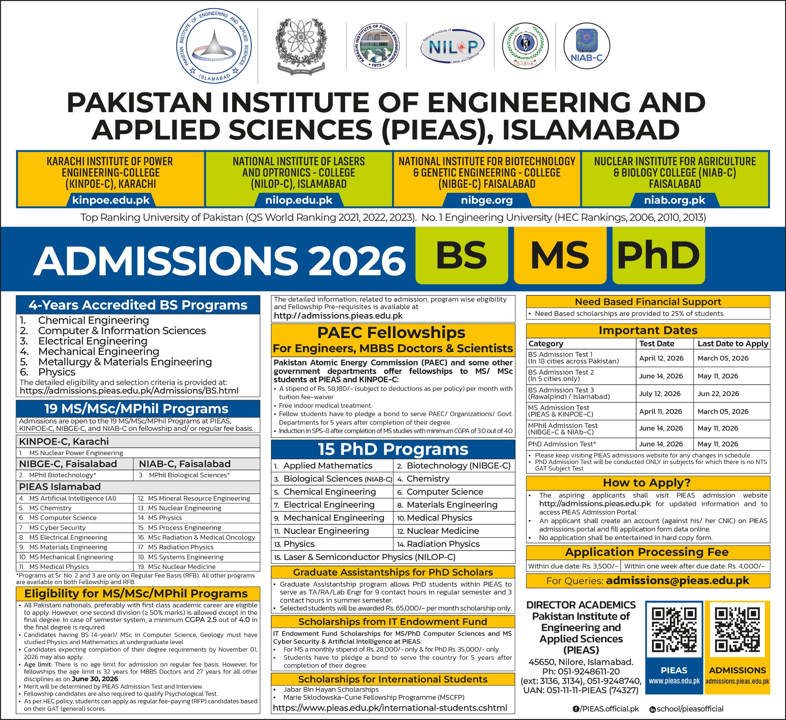 Admissions advertisement for PIEAS programs